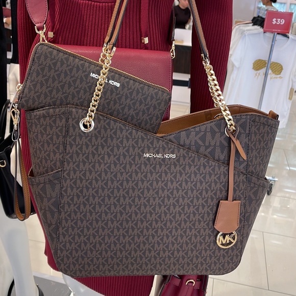 MICHAEL KORS LG X CHAIN SHOULDER TOTE &  JST Large Travel CONTINENTAL Wallet - Picture 10 of 16